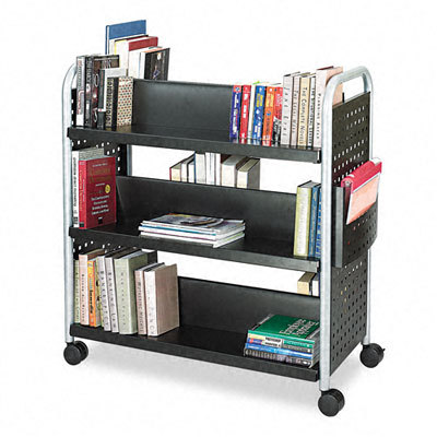 Scoot double-sided steel book cart, six shelves black