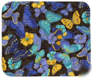 Blue and lavender butterfly fabric covered mouse pad