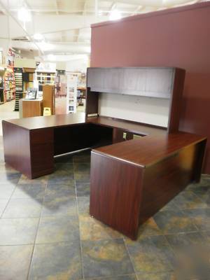 Complete u-shaped wood desk system with book shelf