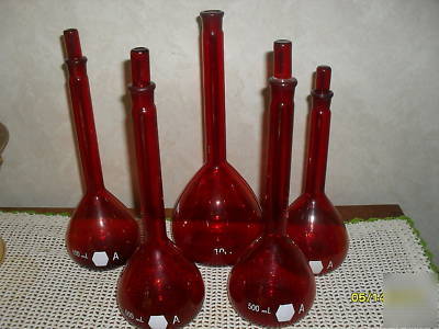 Lot of 5 vintage ruby red flasks w/ 4 ground stoppers 