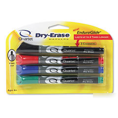 Markers, glide dry-erase, 4/st, fine point, rd/be/gn/bk