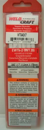Weldcraft tungsten electrodes red 2% thoriated 040 x 7