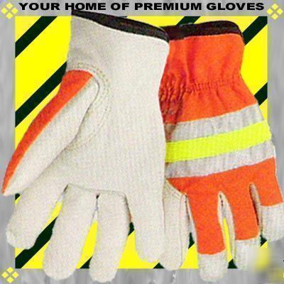 Sm reflective premium leather safety work glove cowhide