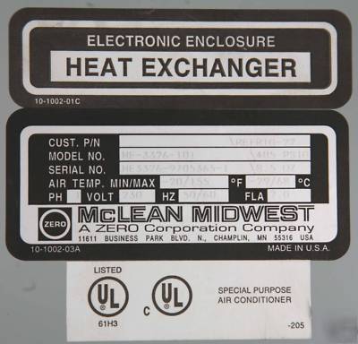Mclean heat exchanger electronic enclosure climate hvac