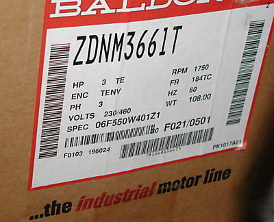 New baldor ZDNM3661T 3HP electric motor, 1750RPM, 5I