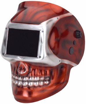 Grey and red skull welding helmet