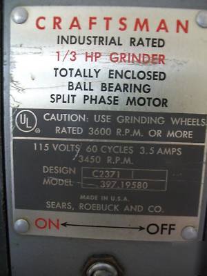 Craftsman industrial rated 1/3 hp bench grinder p/u nj