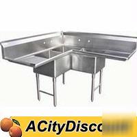 3 compartment corner stainless sink two 24