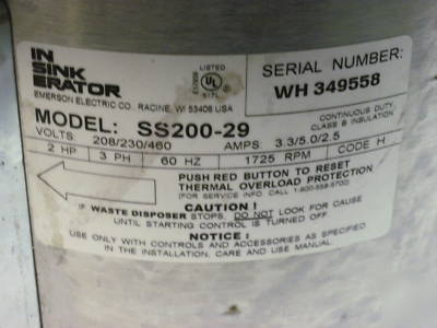 Insinkerator ss-200-29 commercial garbage disposal