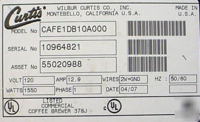 Wilbur curtis CAFE1DB pourover coffee brewer 2007