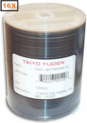 100-pak =16X= taiyo yuden =white thermal hub= dvd-r's 