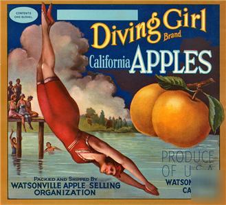Diving girl fruit/veg. crate label color print