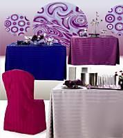 6' table, poly stripe fitted tablecloth, pleated corner