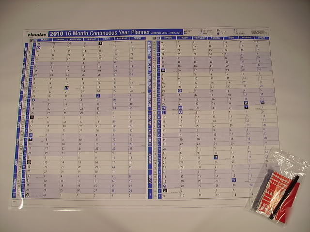 Double sided 16 month 2010 unmounted year wall planner