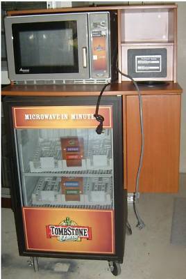 Tombstone pizza vending cart, microwave,freezer,trash+