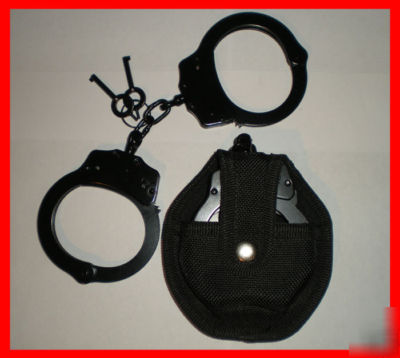 New black steel hand handcuffs cuffs dbl locking w/case