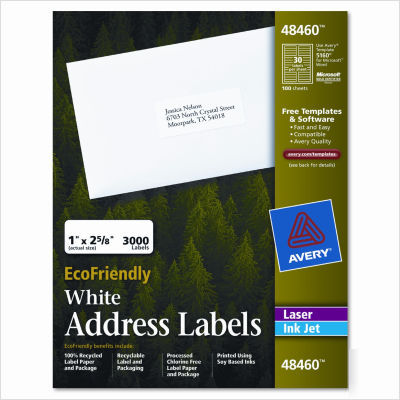 Eco-friendly labels, 1 x 2 5/8, white, 3000/pack