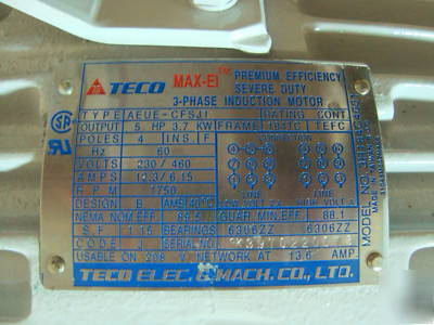 5HP teco machine induction motor 208 230 460 v 3 phase 