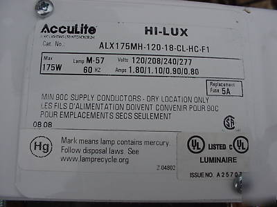 13 acculite 175 watt hi-lux light fixture & bulb unused