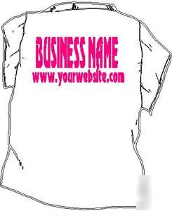 6 white business t shirts with neon raspberry text