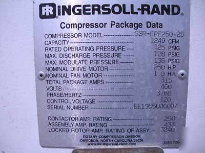 Ir ingersoll-rand rotary screw air compressor 250 hp