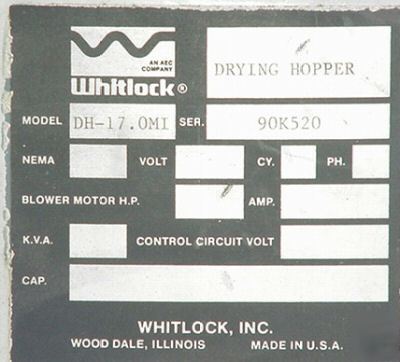Plastic injection molder feed hopper whitlock dryer