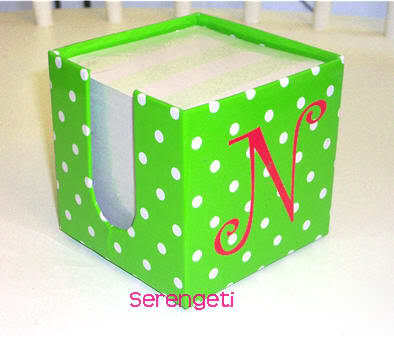 Lime/white polka dot note cube w/fuschia initial 