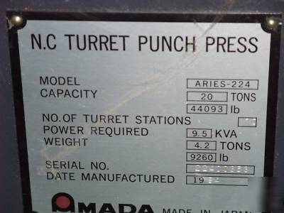Amada aries 224 cnc turret press w tlg. excellent cond.
