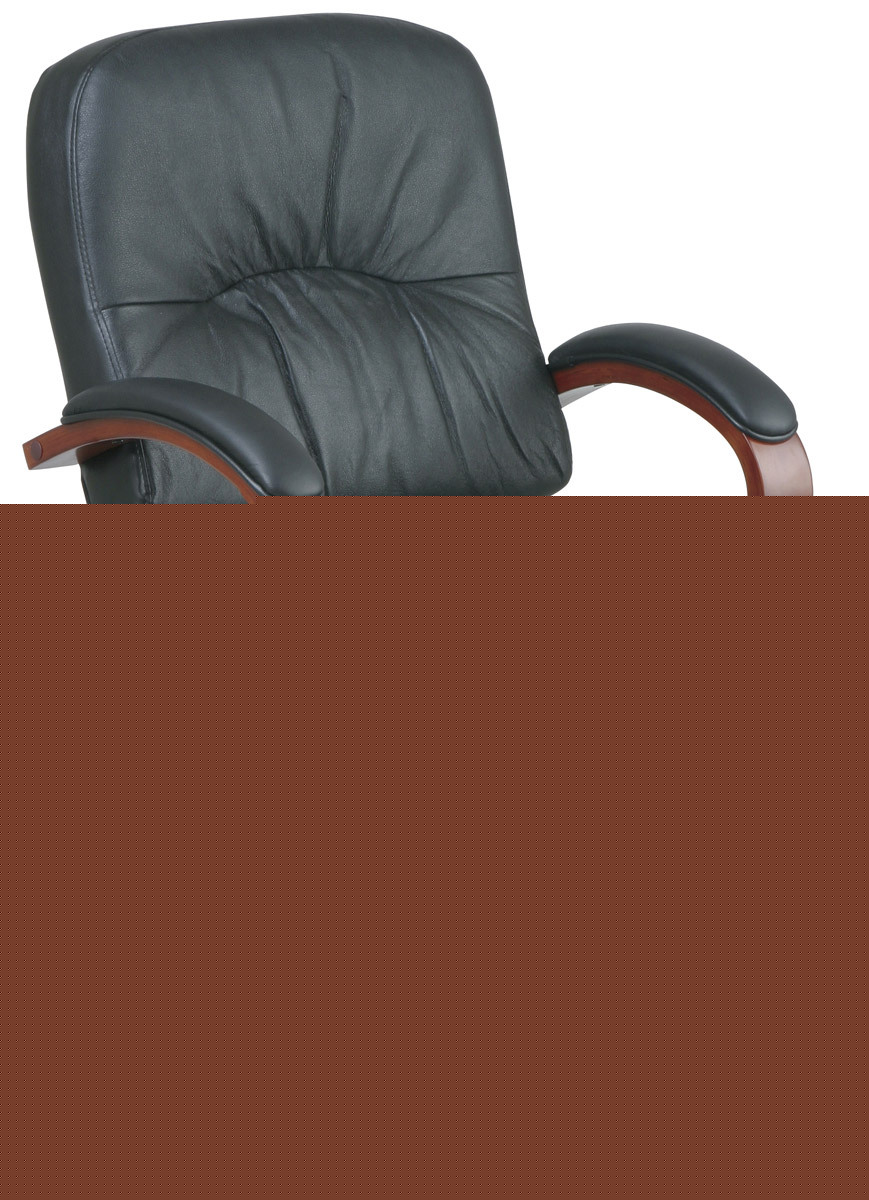 Black leather mid back office chair with cherry wood