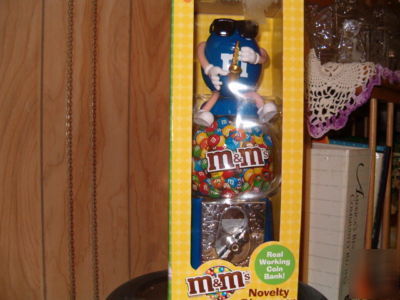 New blue m&m candy dispenser & coin bank w/ candy 