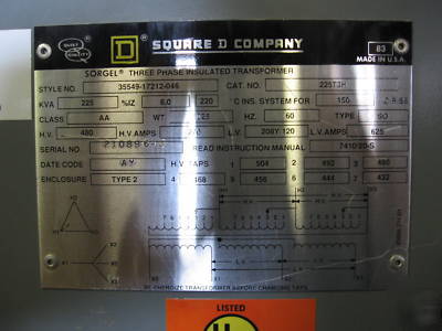 225 kva transformer pri 480V - sec 208Y/120 3 ph 225T3H