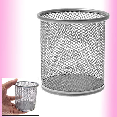 Metal round net silver tone pens pencils holder set