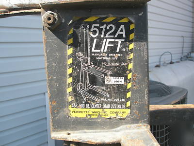 12' material lift vermette 512A 500-lb capacity