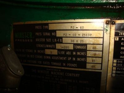 60 ton minster strghtside double crank press vari-speed