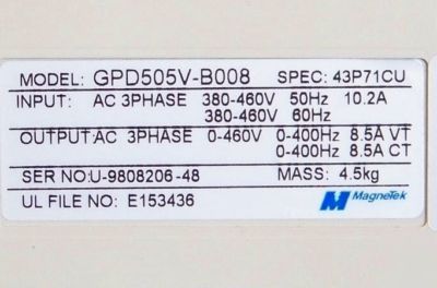 Magnetek gpd 505V-BOO8 5HP vfd 380-460 in/ 0-460 out 3P