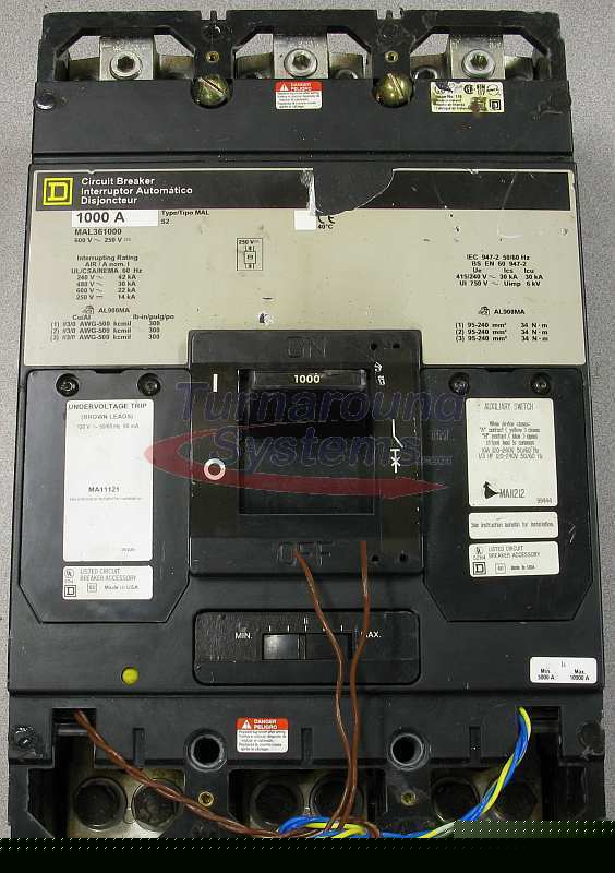 Square d MAP36100 circuit breaker, 1000 amp, aux sw+uvr