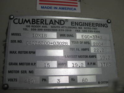 Cumberland grinder 10X18 granulator 15 hp h p 460V 3PH