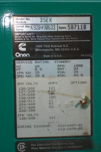 35KW onan generator natural gas or lp 35 kw generator