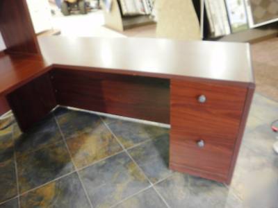 Complete u-shaped wood desk system with book shelf