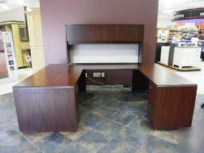 Complete u-shaped wood desk system with book shelf