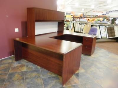 Complete u-shaped wood desk system with book shelf