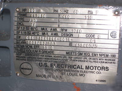Emerson us electric motor 100 hp 1780 rpm 