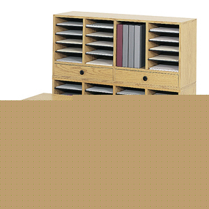 Safco 14 shelf literature organizer with drawer oak