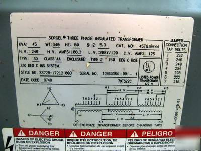 45 kva sorgel, 240V to 208Y / 120V 3 phase transformer