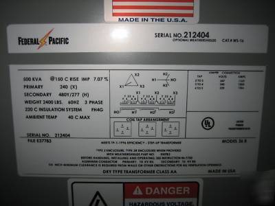 New fp transformer 500 kva 240/480Y/277 step up 480 y 