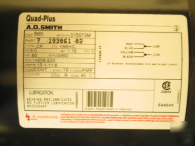 New 3 hp 3600 rpm ao smith 230V 1 phase electric motor 