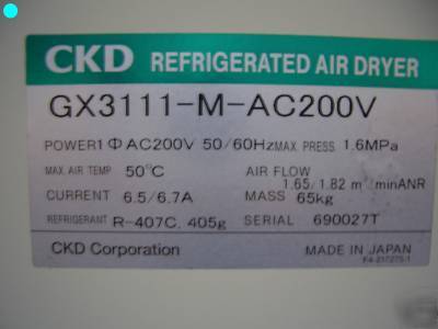 Ckd refrigerated air dryer, model# GX3111-m-AC200V