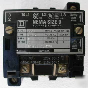 Square d 8536-SBG2 size 0 contactor 3P 120V coil open