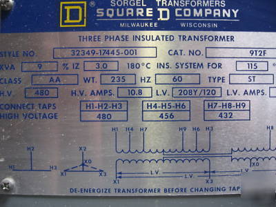 9 kva transformer pri 480V sec 208Y/120V 3 ph dry type