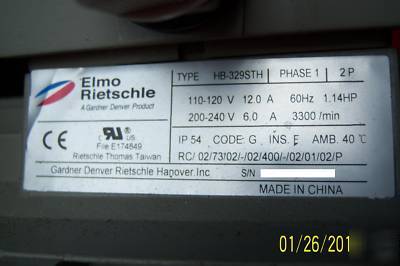Elmo rietschle regenerative blower modl hb 329 110/220V